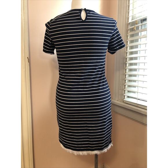 Beach Lunch Lounge NWOT Blue White Striped Short Sleeve Dress Fringe Large - Picture 5 of 8